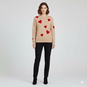 Tahari Love Hearts Crew Neck Sweater Tan Red Size XS